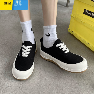 聚范帆布鞋女春季2021新款平底板鞋夏增高松糕厚底单鞋休闲大头运动鞋