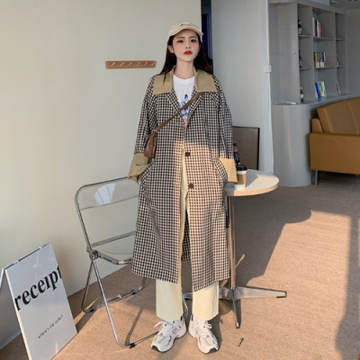 SUNTEK2021年春季新款韩版宽松拼接大衣女小个子中长款格子百搭风衣外套风衣格子均码
