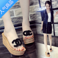 SUNTEK2023新款简约粗跟坡跟一字拖松糕跟拖鞋女夏高跟百搭时尚凉拖