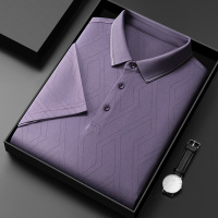 桑蚕丝男装丝滑凉感如真丝轻奢冰丝夏装t恤男暗条纹透气翻领衣po