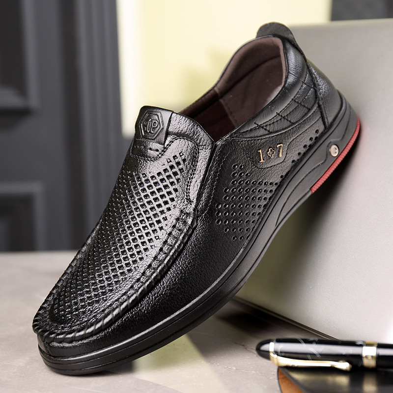老人头层牛皮2026夏季男士皮鞋镂空洞洞休闲透气凉鞋新款爸爸鞋