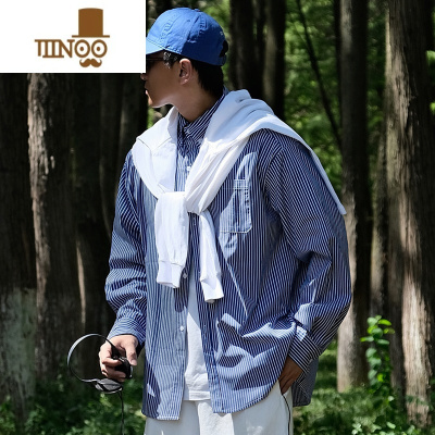 YANXU衬衫男长袖秋季廓形宽松日系复古CityBoy美式条纹休闲衬衣外套潮