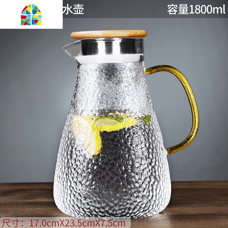 封后冷水壶玻璃凉水壶耐热高温防爆凉白开水杯家用大容量果汁扎壶套装 1.8L竹盖-畅爽凉水壶+4个贵妃杯+竹收纳盘+黑渊电