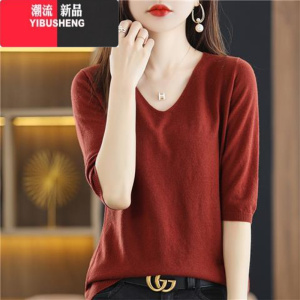 YIBUSHENG2023春秋V领套头毛衣女中袖打底衫宽松五分袖针织短袖女内搭上衣