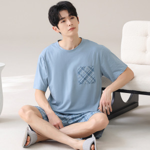 莫代尔睡衣男士夏季新款韩版短袖薄款青少年加肥加大码家居服套装