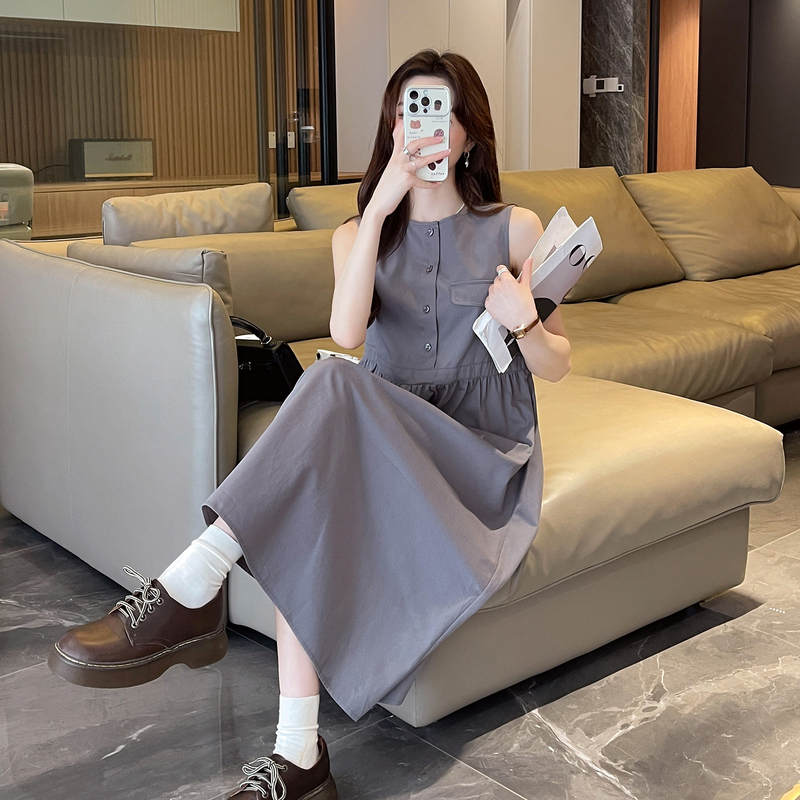 [2.5折价126元]唐狮圆领无袖连衣裙女夏季新款工装百搭休闲气质通勤长裙r