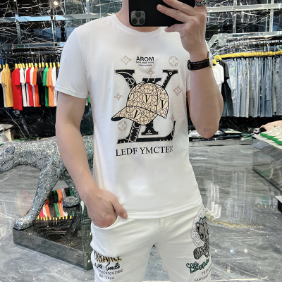 欧洲站夏季新款半袖体恤男潮牌烫钻印花冰丝光棉短袖T恤男士