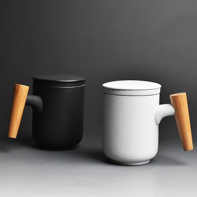 木柄马克杯陶瓷带盖勺大茶杯过滤办公室咖啡杯喝花茶水杯家用订制