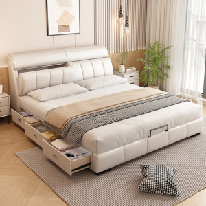 欧梵森轻奢奶油风真皮床主卧高端大气双人大床现代简约1.8米多功能储物软包床婚床 功能皮床【多色可选详询客服】 1.5米*2米框架结构