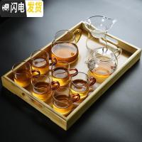 三维工匠带把加厚大号玻璃茶杯直把功夫茶具套装家用品茗杯过滤 凹槽托盘+六直把杯(橘)+透明玻璃壶+凌文公道杯(黄)+平把