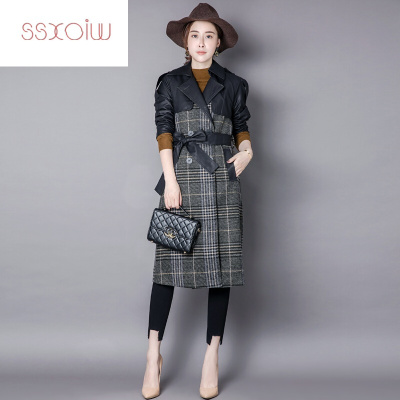 ssxoiw呢子大衣女秋冬季复古格子毛呢外套中长款小个子女装韩国加厚