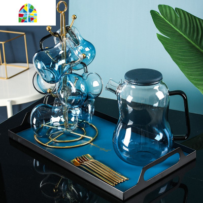 玻璃冷水壶套装北欧创意水壶可高温水杯轻奢凉水壶花茶壶家用客厅 FENGHOU 6杯1杯架A1轻奢铁艺托盘送6勺