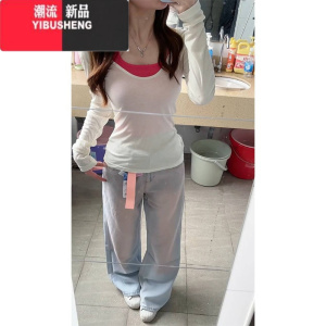 YIBUSHENG纯欲微透u领长袖T恤女季露背罩衫两件套上衣内搭玫红色挂脖吊带