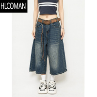 HLCOMAN美式复古高街水洗做旧七分裤宽松休闲牛仔短裤阔腿裤男女