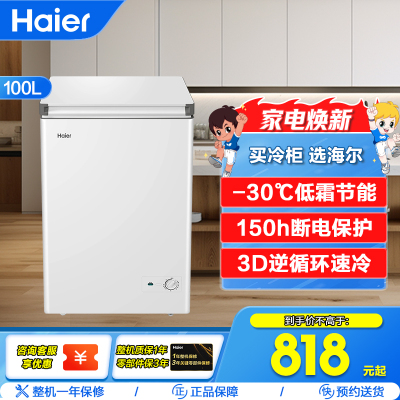 海尔(Haier)100L深冷-30℃低霜节能冷柜 150h断电保护 3D逆循环速冷BC/BD-100GHW9D