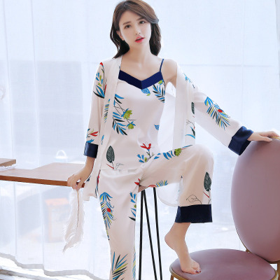 YUNWUXIN性感睡衣女春秋冰丝长袖四件套宽松丝绸夏季薄款可外穿家居服套装睡衣