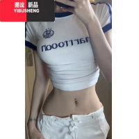YIBUSHENG美式正肩运动褶皱三条杆短袖t恤女设计感小众短款甜辣妹修身上衣