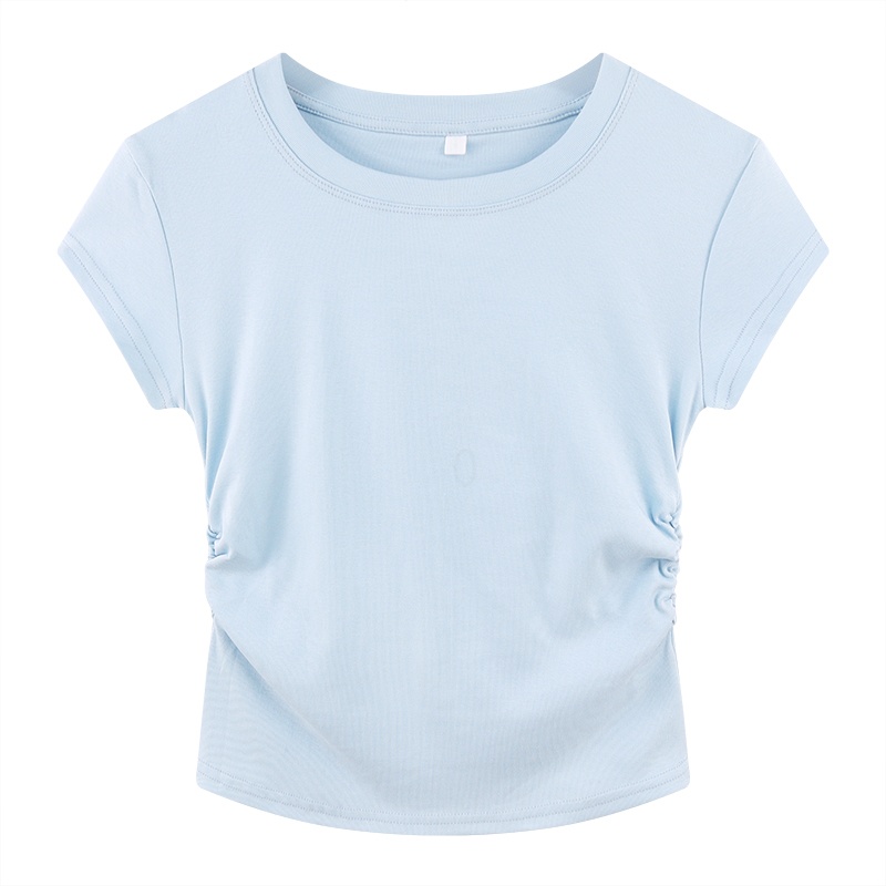 YIBUSHENG粉色正肩短袖t恤女2024新款季别致掐腰打底衫修身短款甜辣上衣