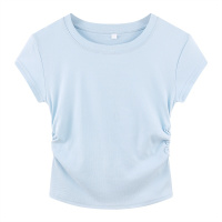 YIBUSHENG粉色正肩短袖t恤女2024新款季别致掐腰打底衫修身短款甜辣上衣