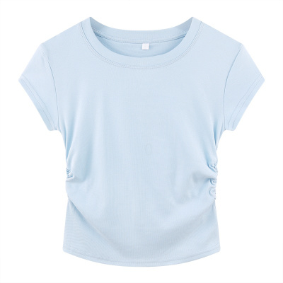 YIBUSHENG粉色正肩短袖t恤女2024新款季别致掐腰打底衫修身短款甜辣上衣