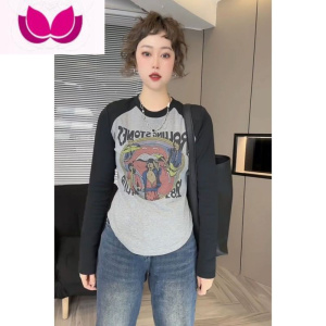 七斓特大码2-300斤胖mm欧货显瘦不规则上衣插肩撞色拼接长袖T恤女