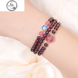 酒红色石榴石手链女多圈民族风个性搭配银饰烤蓝饰品水晶三圈手串 JiMi