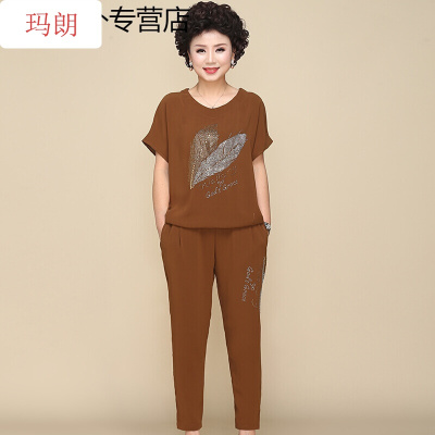 珂卡慕(KEKAMU)阔太太洋气高贵夏运动时尚套装两件套2020新款妈妈短袖女40到50岁焦糖L