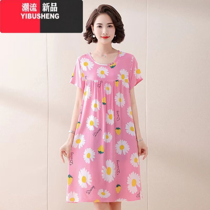 YIBUSHENG2023新棉绸睡裙女季睡衣人造棉连衣裙子中长款大码家居服休闲装