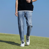 浅蓝破洞锥形牛仔裤男卷边裤 日系 cityboy 风百搭休闲男长裤
