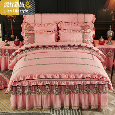欧式纯色夹棉床裙式四件套蕾丝花边纱公主床罩款保暖床上用品 三维工匠