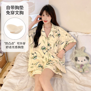 带胸垫夏季女仿棉开衫短袖宽松加大码翻领韩版卡通休闲家居服套装