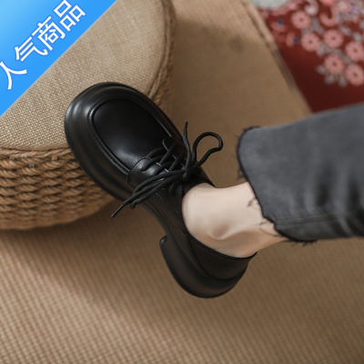 SUNTEK厚底小皮鞋女复古英伦风系带乐福鞋jk黑色小个子增高粗跟单鞋