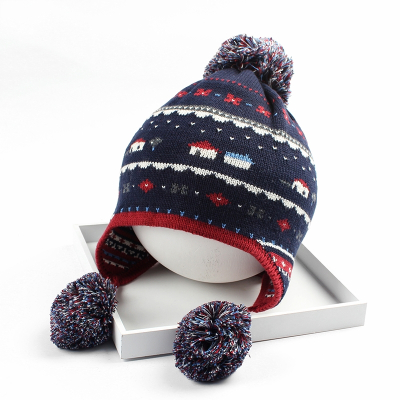 秋冬季儿童智扣棉护耳帽婴儿针织帽子男女宝宝套头帽可爱毛球保暖帽