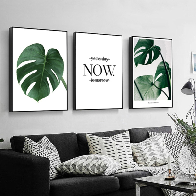 新房装饰画冰晶玻璃客厅装饰画北欧沙发背景墙挂画简深蓝色绿叶60*8025mm防水防潮布纹膜整套价格拍一件就是一套三幅