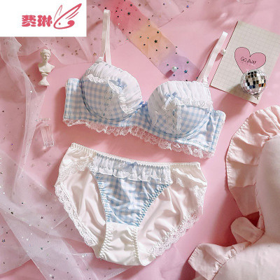 日系内衣可爱少女甜美蓝格子泡泡蕾丝边有钢圈薄大码聚拢文胸套装费琳