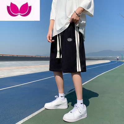 七斓休闲短裤男生潮牌宽松夏季薄款灯芯绒裤潮流港风五分裤运动中裤子
