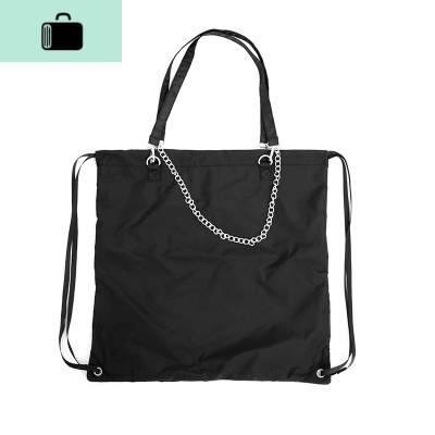 简约设计单肩包手提旅行袋链条包女抽绳袋束口袋双肩背包休闲潮酷NEW LAKE 黑色银链条女士双肩包