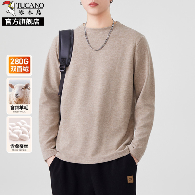 啄木鸟重磅桑蚕丝绵羊毛长袖t恤男士2025秋季新款圆领内搭打底衫K