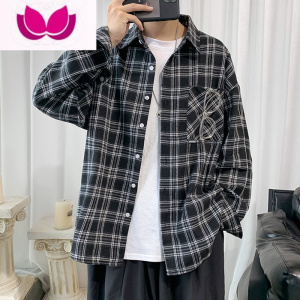 七斓男士衬衫潮牌上衣休闲格子长袖宽松街头百搭复古痞帅男外套