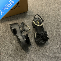 SUNTEK凉鞋女2023新款夏季蝴蝶结仙女风厚底珍珠一字带时尚露趾罗马女鞋