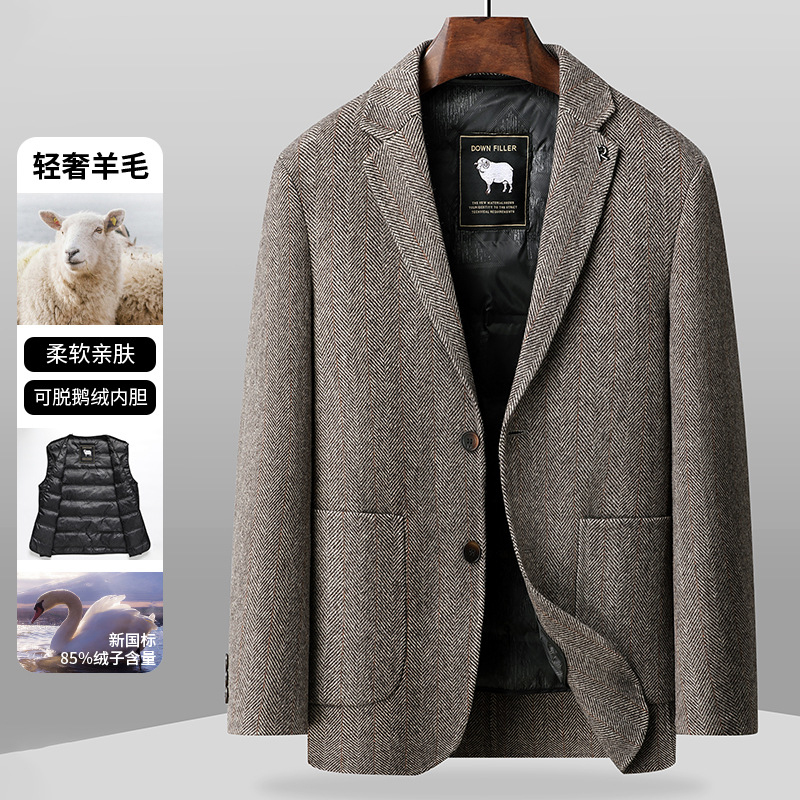 男装秋冬新款商务休闲鹅绒羽绒内胆双面呢羊毛西装男