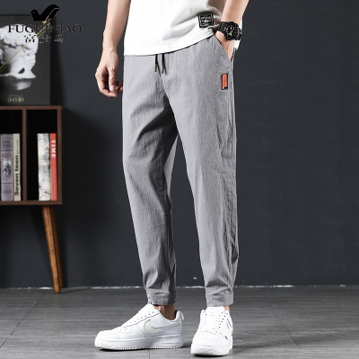 富贵鸟（FUGUINIAO）裤子男夏季薄款棉麻潮流休闲九分裤运动宽松束脚裤哈伦裤