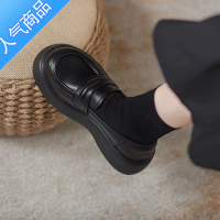 SUNTEK黑色厚底增高小皮鞋女英伦风复古圆头乐福鞋一脚蹬法式玛丽珍单鞋