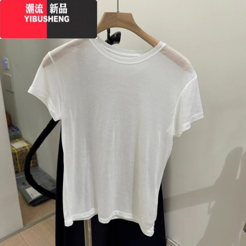 YIBUSHENG韩国东大门2024季新款时尚洋气纯色薄款微透短袖T恤女宽松上衣