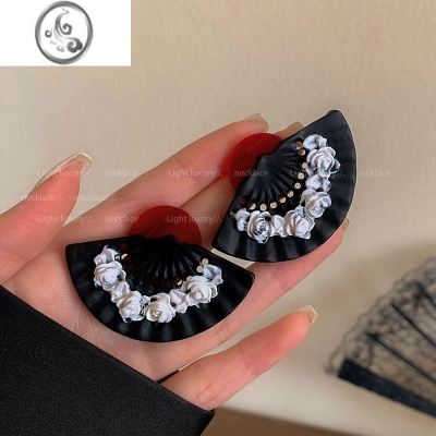 JiMi中国风浮雕扇子耳环女小众设计感复古气质耳钉高级感浮夸个性耳饰