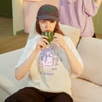 [2.5折价69元]唐狮夏季新款半袖卫衣女短袖连帽t恤上衣宽松洋气帽衫紫色潮