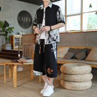 花花公子冰丝运动套装男士夏季国风短袖衬衫搭配七分裤休闲一套男