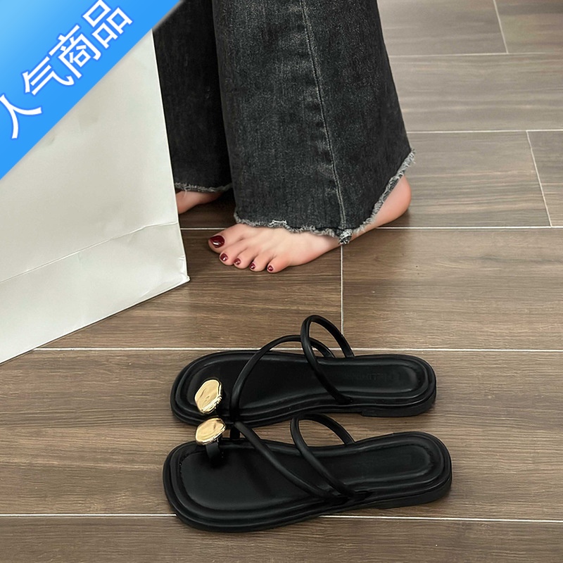 SUNTEK网红平底罗马凉鞋女2023年夏季新款小金扣套趾低跟沙滩外穿凉拖女
