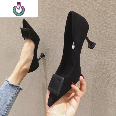 FISHBASKET法式少女高跟鞋女网红细跟女鞋春季新款韩版黑色性感尖头浅口单鞋休闲鞋