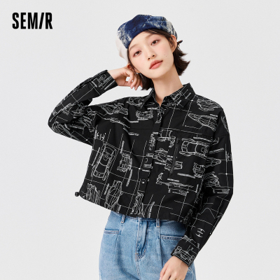直降价：114-Semir森马短款个性2021秋季新款抽绳oversize满印甜酷长袖衬衫女